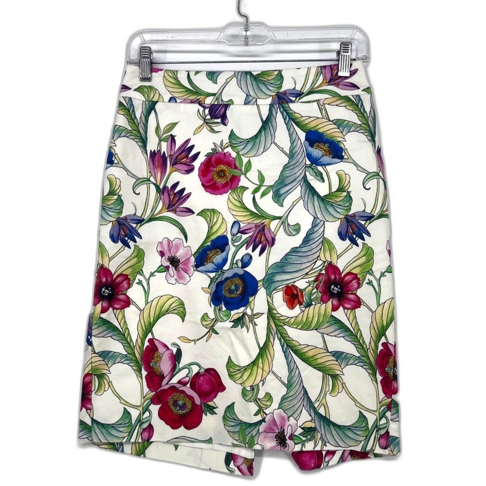 Ann Taylor Factory White Bold Floral Skirt Pencil Cotton Knee Length Size 0